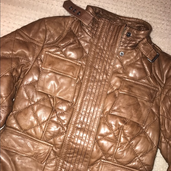 Eddie Bauer quilted tan leather military jacket xs - Picture 2 of 5